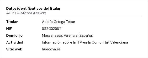 Tarjeta con los datos identificativos del titular de huecoya.es conforme al artículo 10 de la Ley 34/2002: titular, NIF, domicilio, actividad y sitio web.